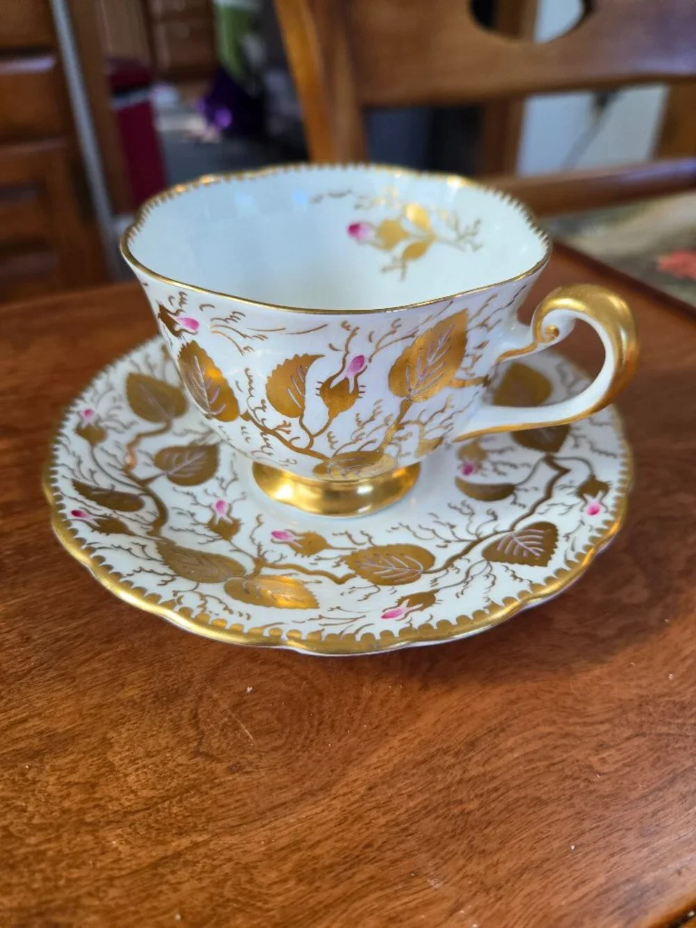royal chelsea bone china teacup and saucer  gold leaf and pink flower